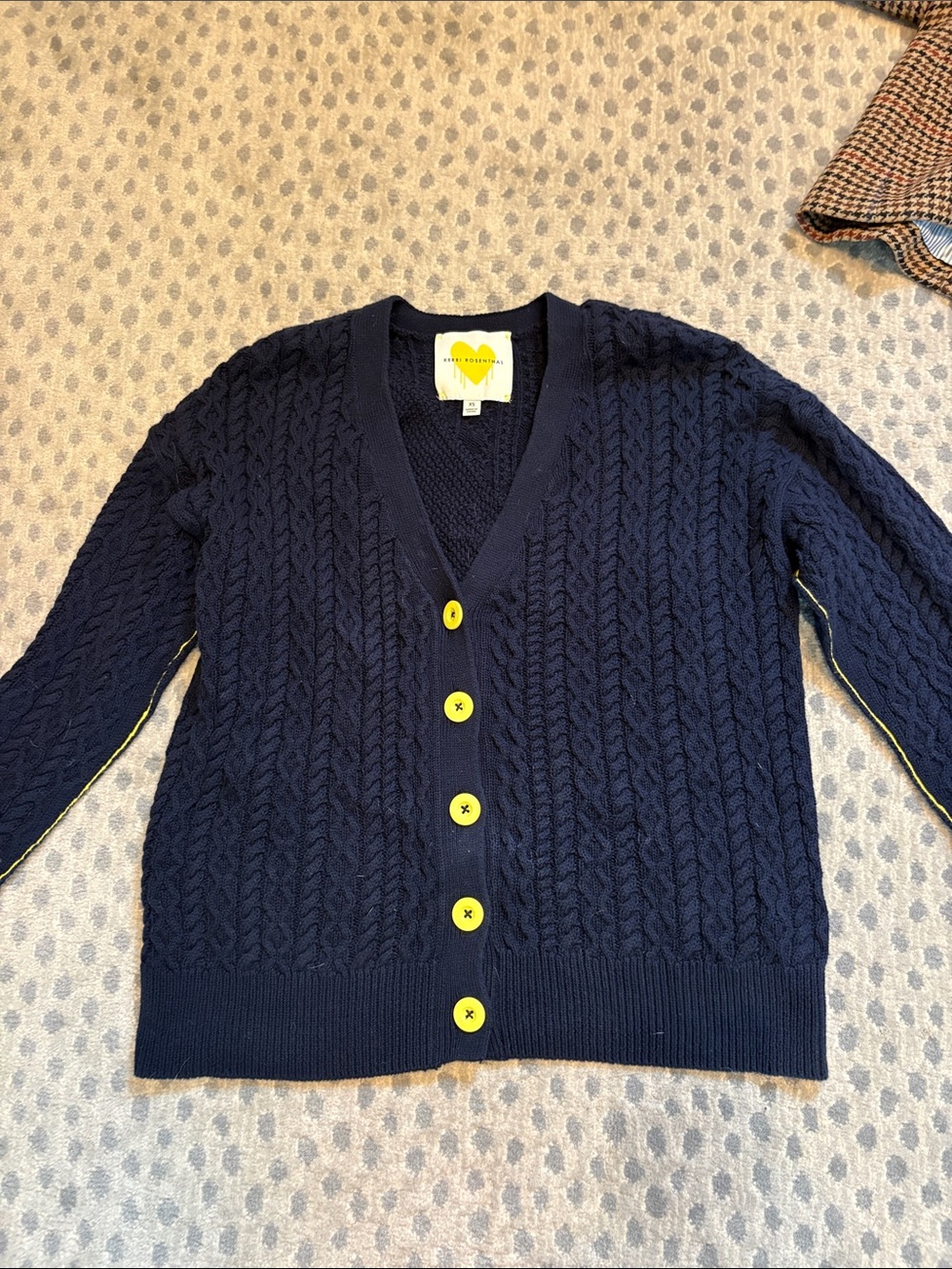 Kerri Rosenthal Heart-Label Navy Cable-Knit Cardigan with Yellow Buttons